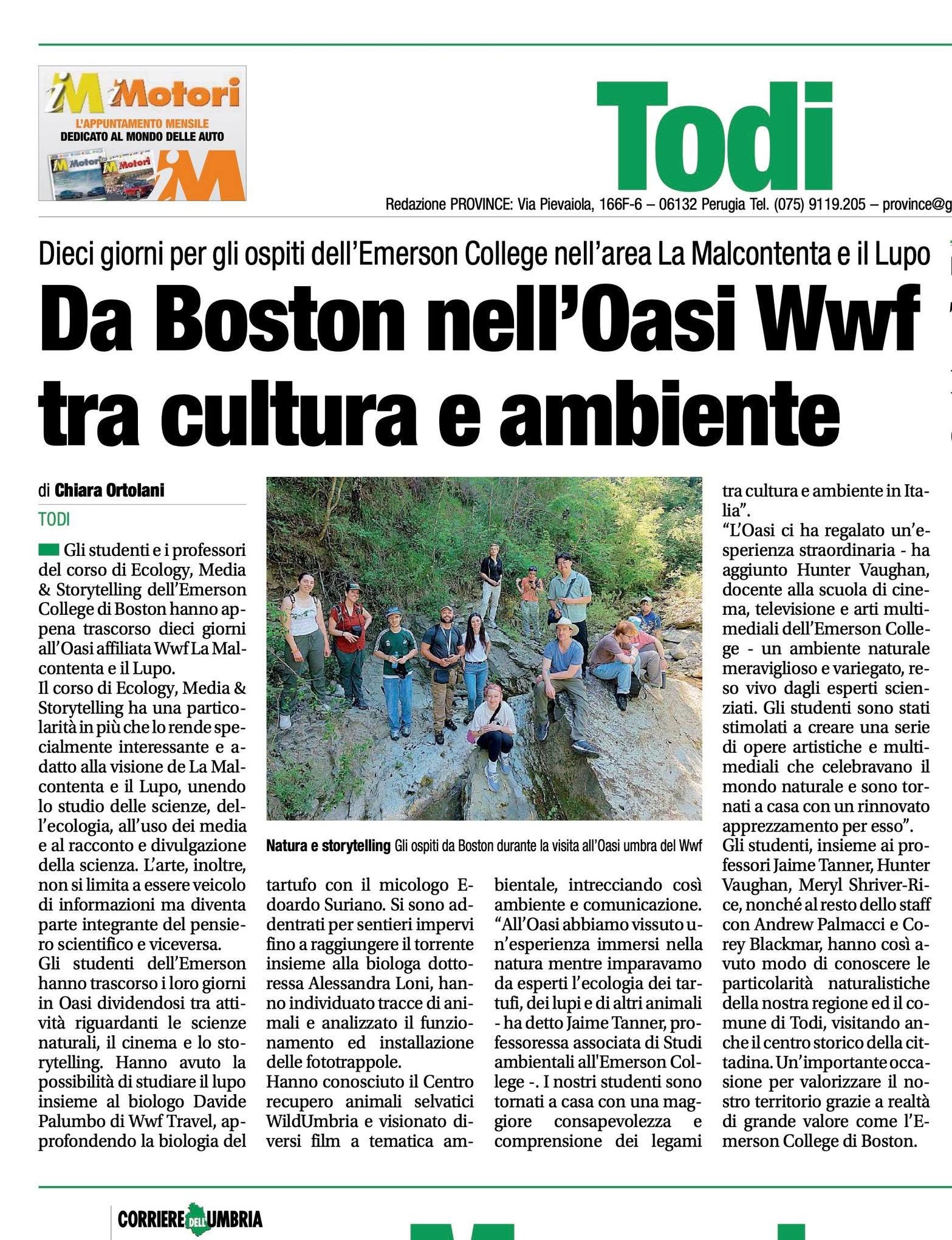 Newspaper clipping (Corriere dell'Umbria): "Da Boston nell'Oasi Wwf, tra cultura e ambiente" (From Boston to the WWF Oasis, between culture and environment)