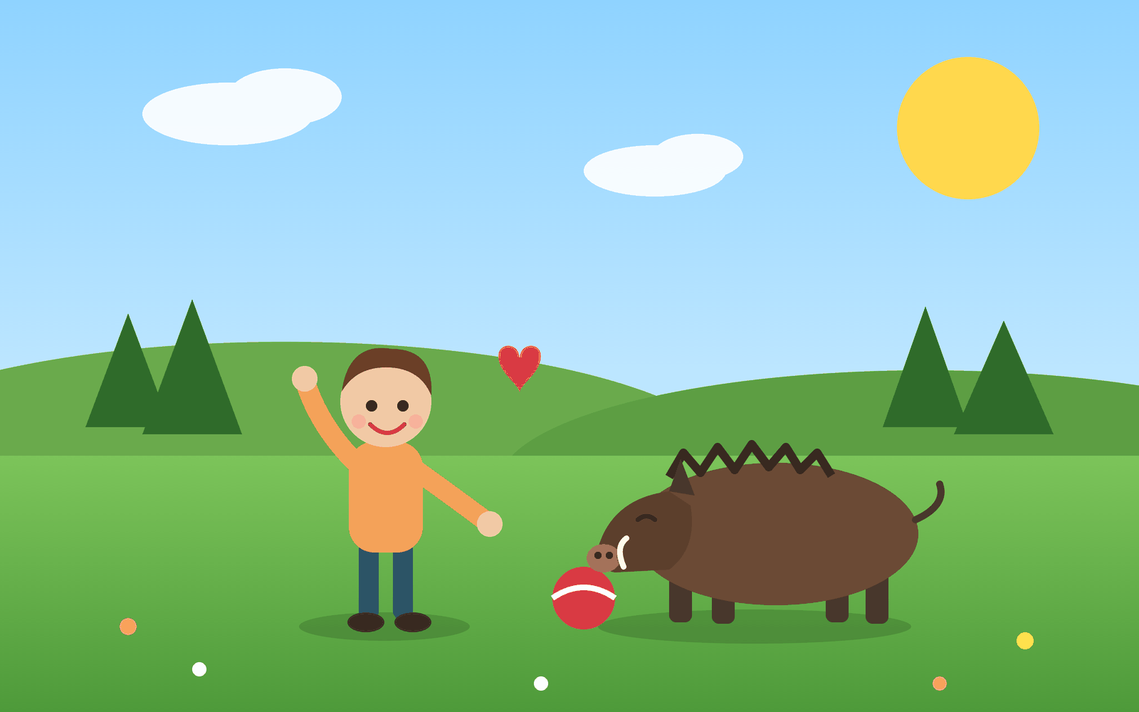 Illustration: a child and a wild boar on a green meadow