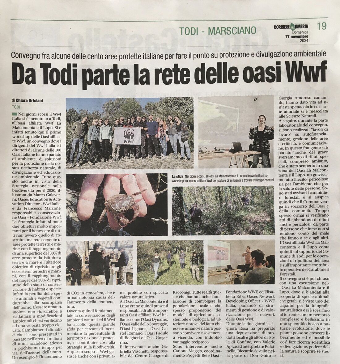 Newspaper clipping: "Da Todi parte la rete delle oasi Wwf" (The WWF oases network starts from Todi)