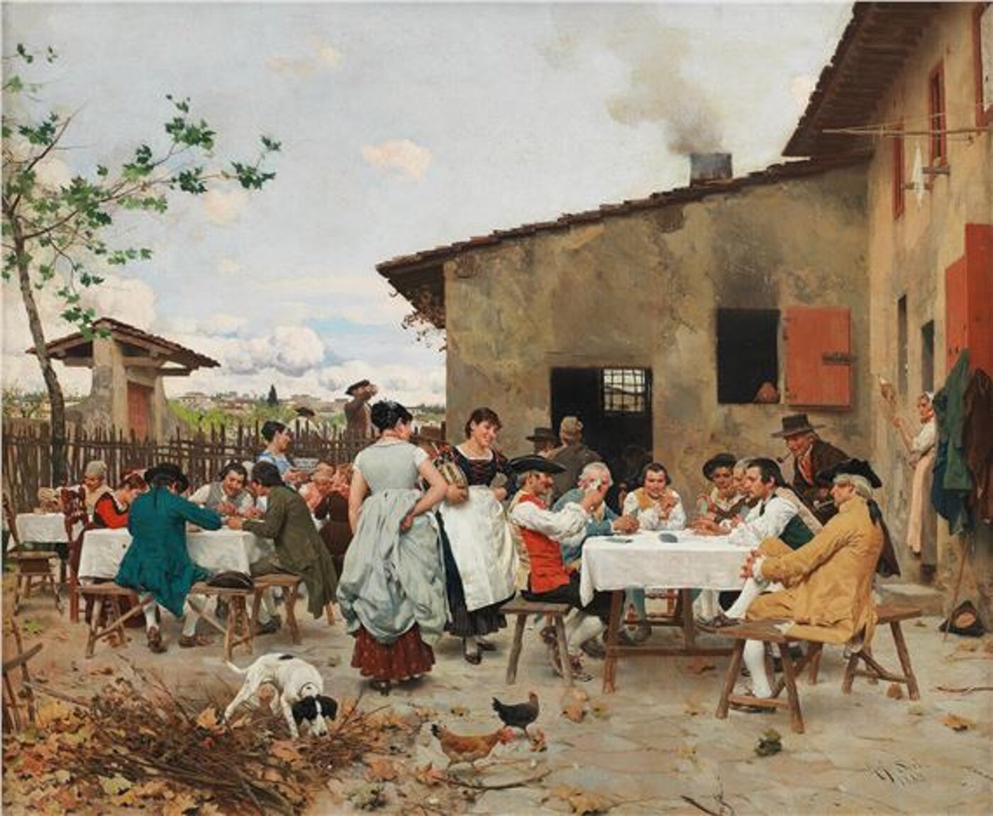 Dipinto: pranzo all'aperto con una tavolata di persone davanti a una casa di campagna