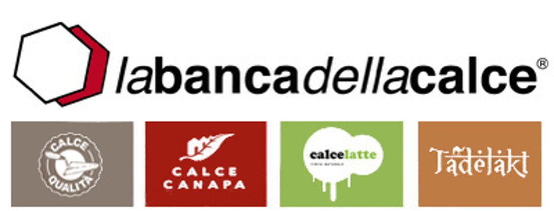 Logo de La Banca della Calce con i marchi Calce Qualità, Calce Canapa, Calce Latte e Tadelakt