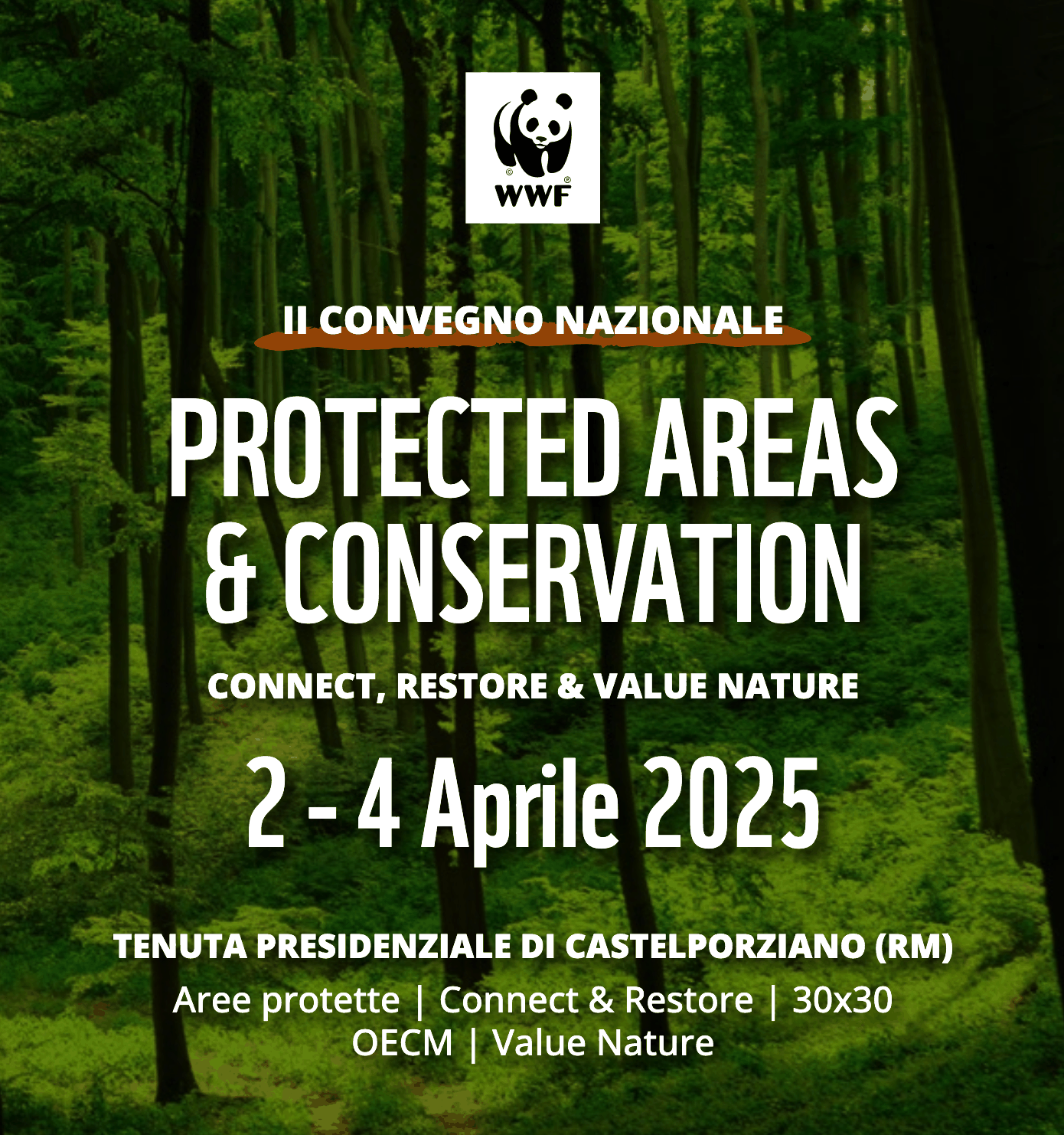 Poster of the 2nd national conference "Protected Areas & Conservation", 2-4 April 2025, Castelporziano Presidential Estate
