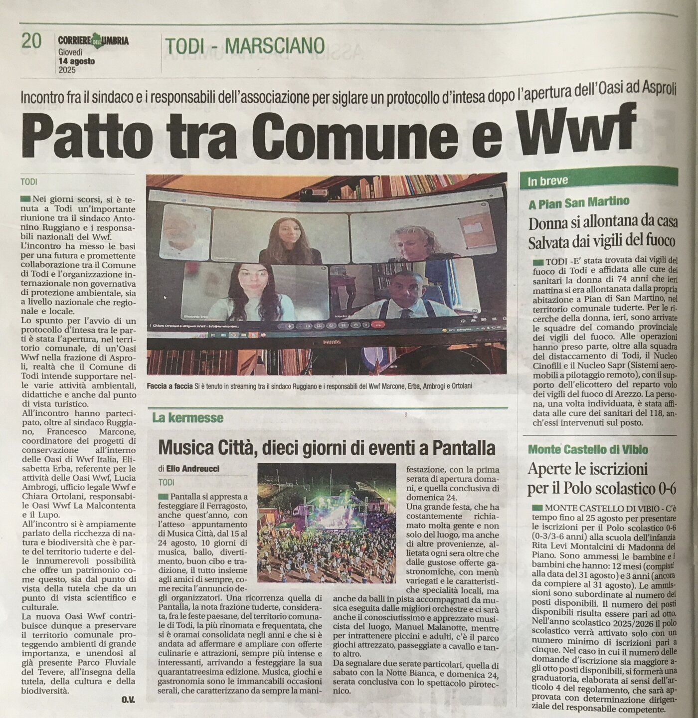 Newspaper clipping: "Patto tra Comune e Wwf" (Pact between the Municipality and WWF)