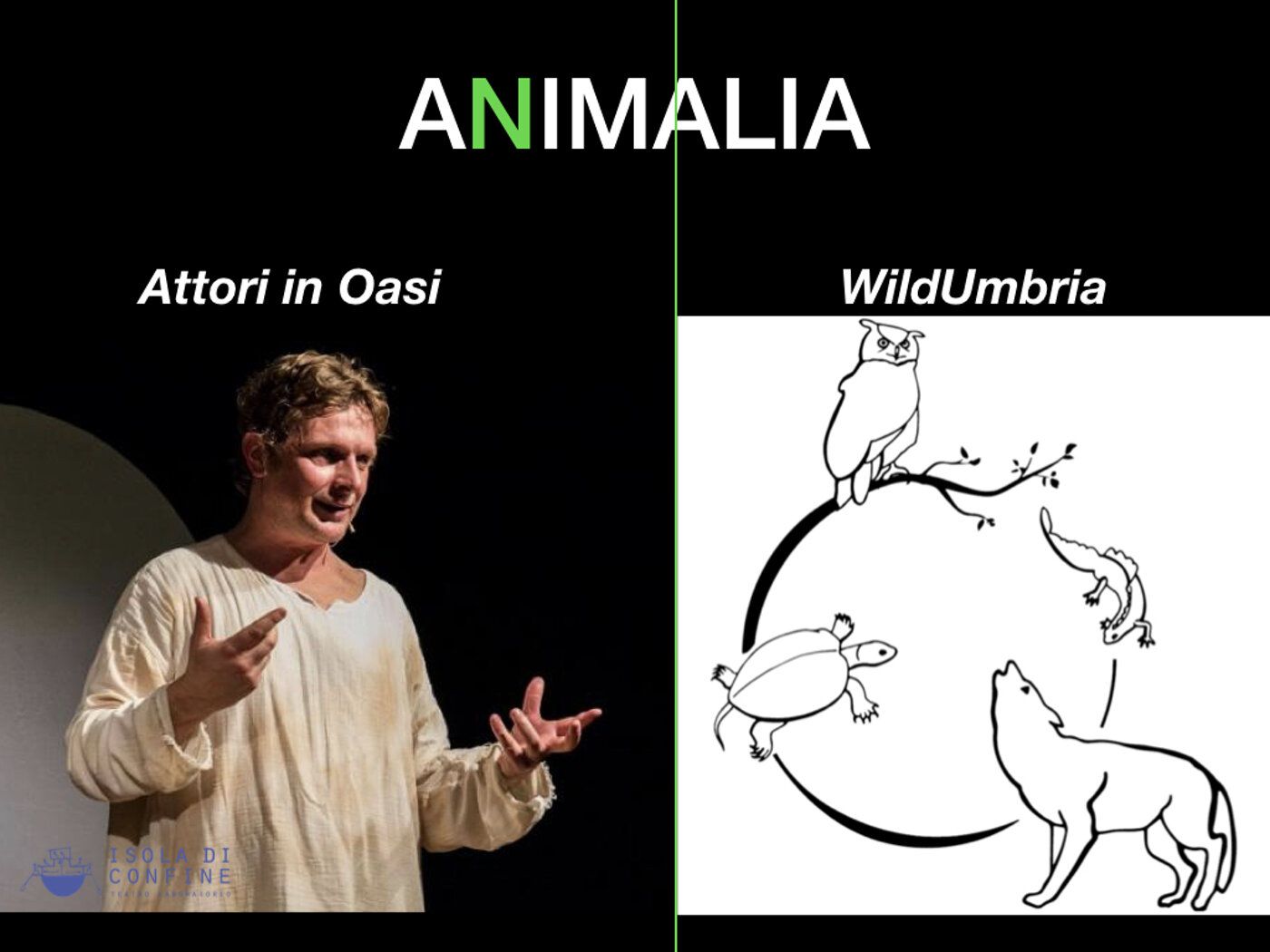 Locandina «Animalia – Attori in Oasi» con un attore e il logo di WildUmbria