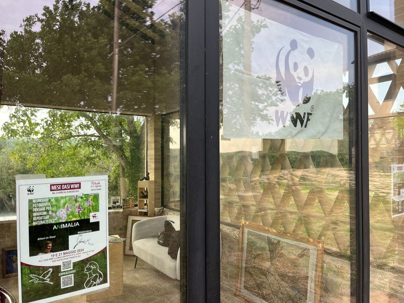 Glass door with the WWF logo and an information panel